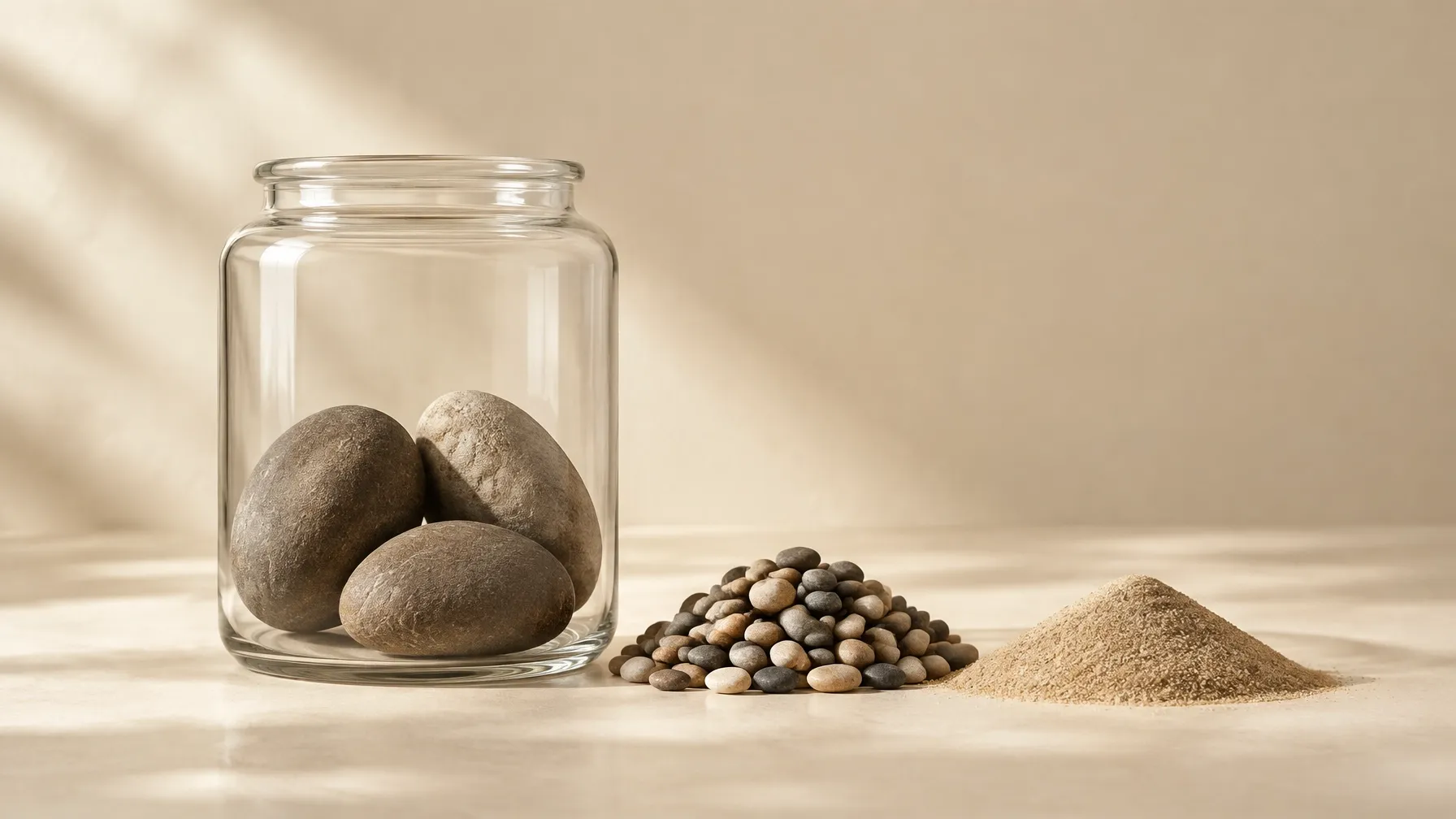 A glass jar with three large rocks, pebbles and sand
